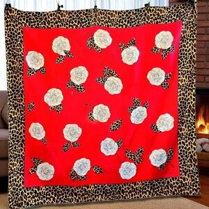 Gai Mattiolo Vintage 100% Silk Scarf Leopard Floral Red Italy 34" Square - Like